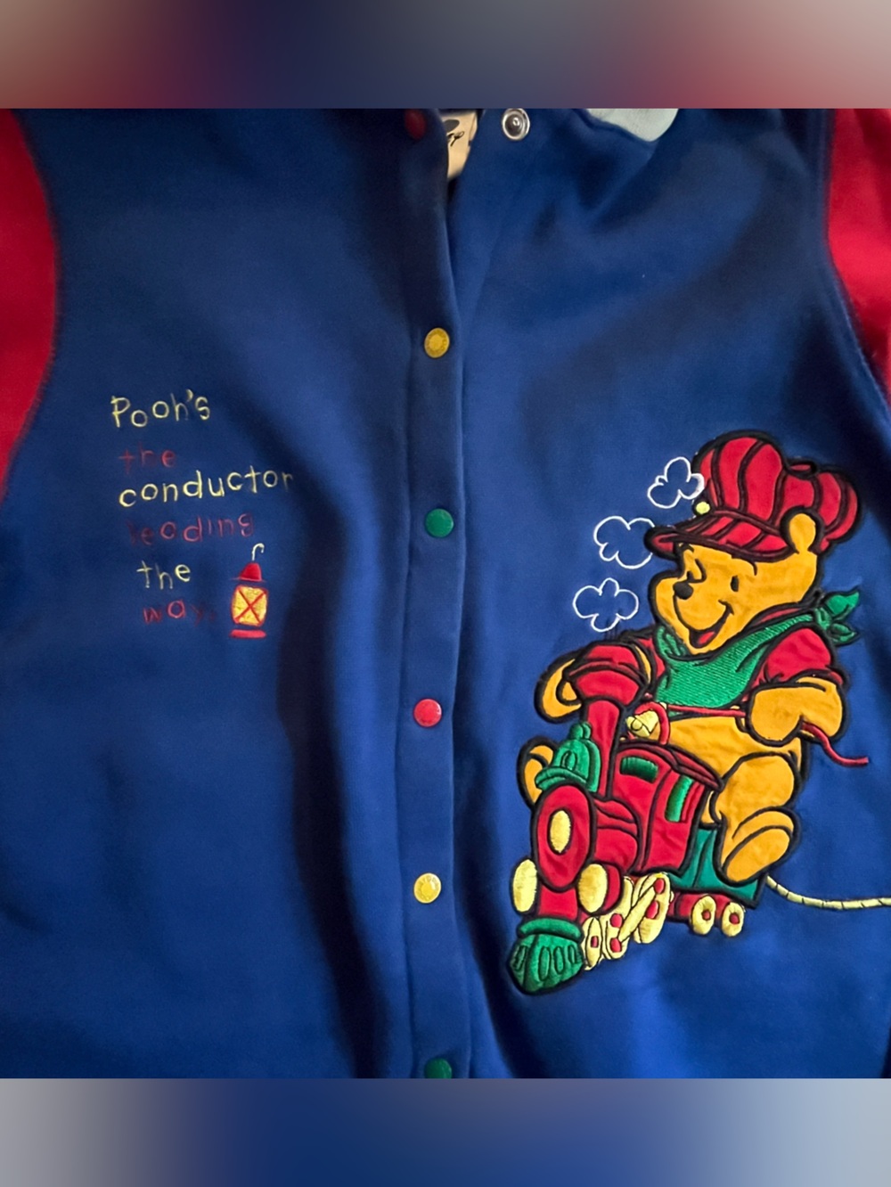 Disney Store Pooh Fleece Hooded One-Piece in Blue, Red & Cream - Size 24 mos. - Picture 2 of 6